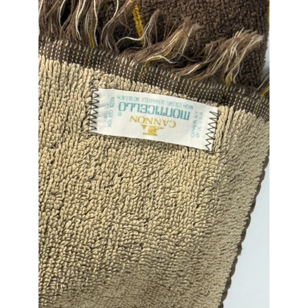 VTG Bath Hand Towel‎ Steel Brown Leaf Stripe Fringe Retro Cannon Monticello